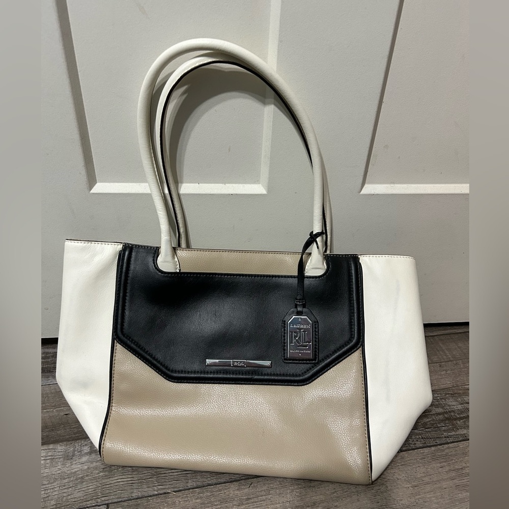 Ralph Lauren large Shoulder purse tote bag Ivory Taupe Black